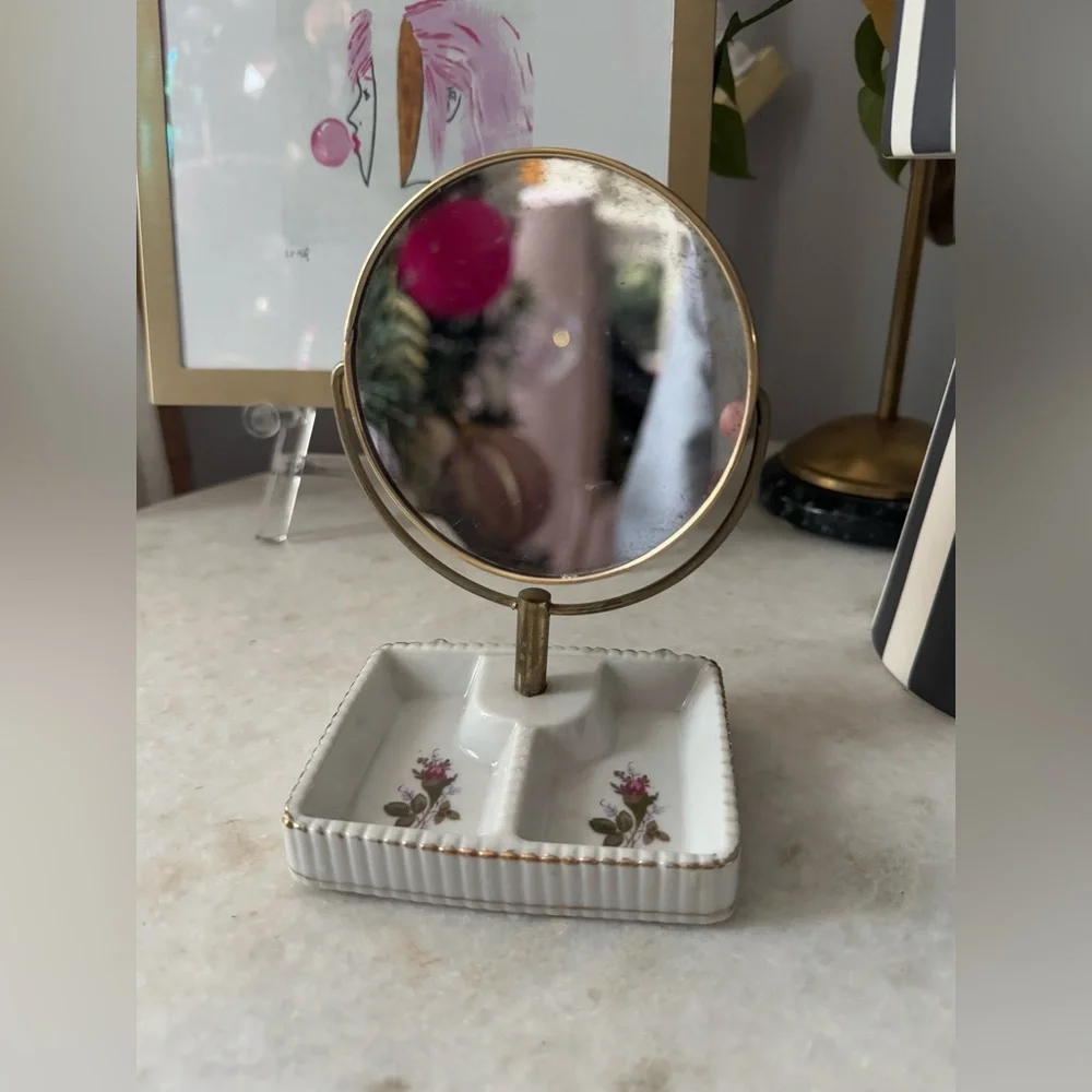 vintage porcelain vanity mirror and jar set